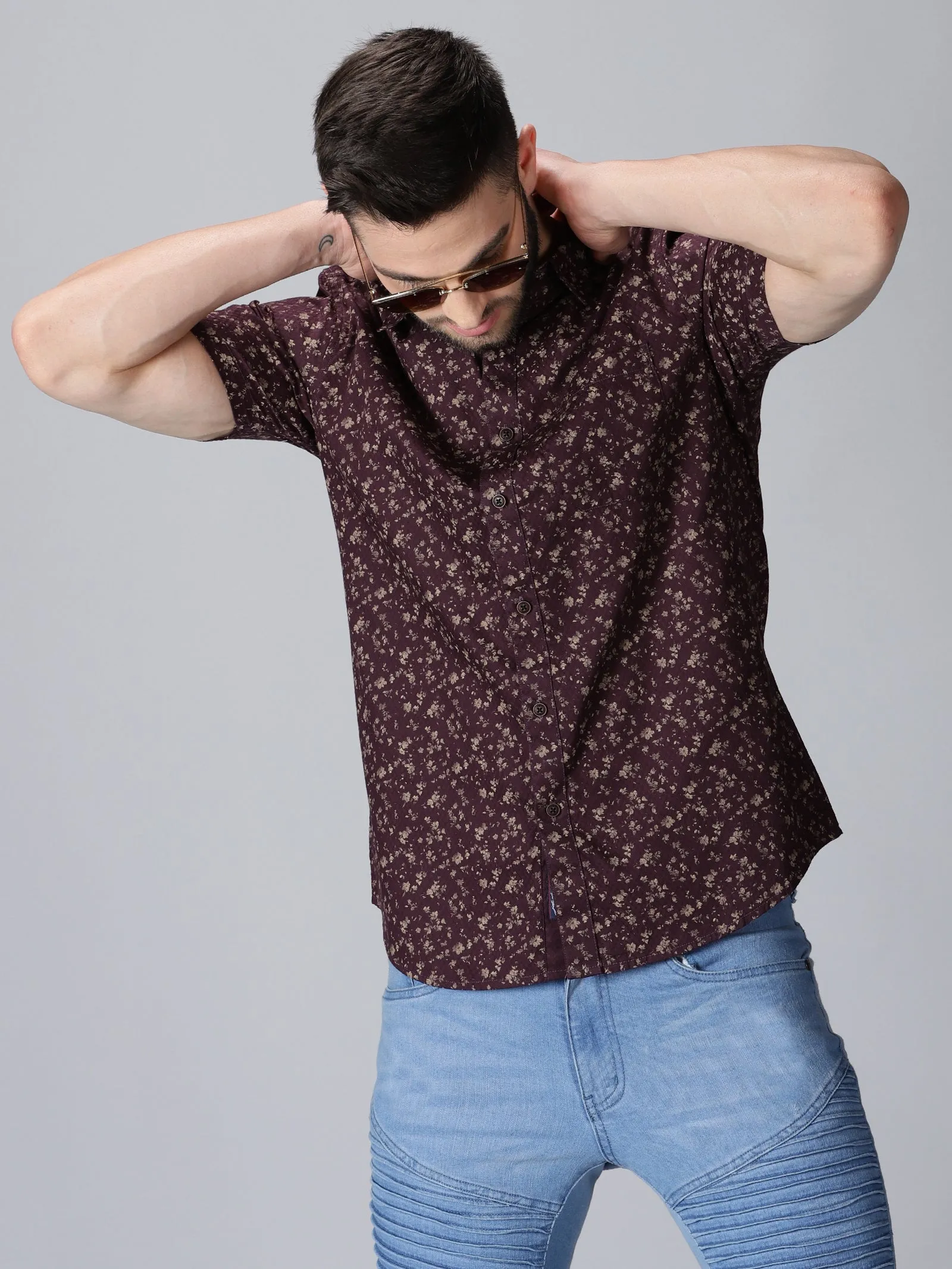 MEN'S DOBBY BROWN PRINT SLIM FIT SHIRT