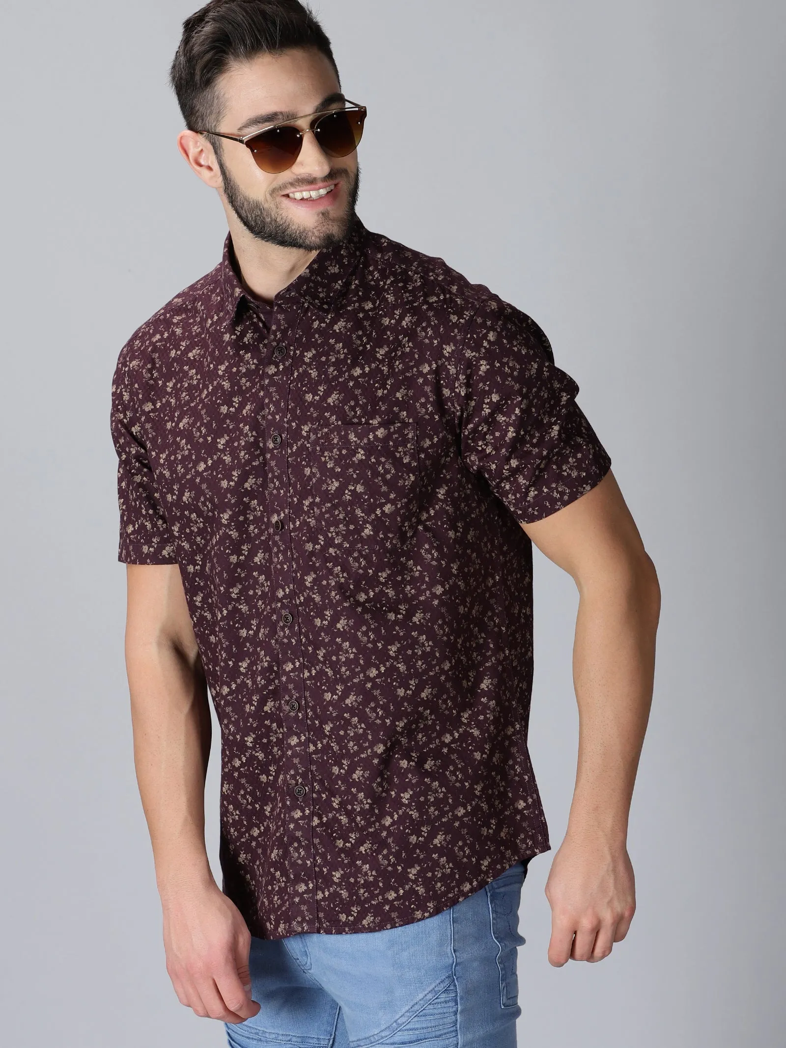 MEN'S DOBBY BROWN PRINT SLIM FIT SHIRT