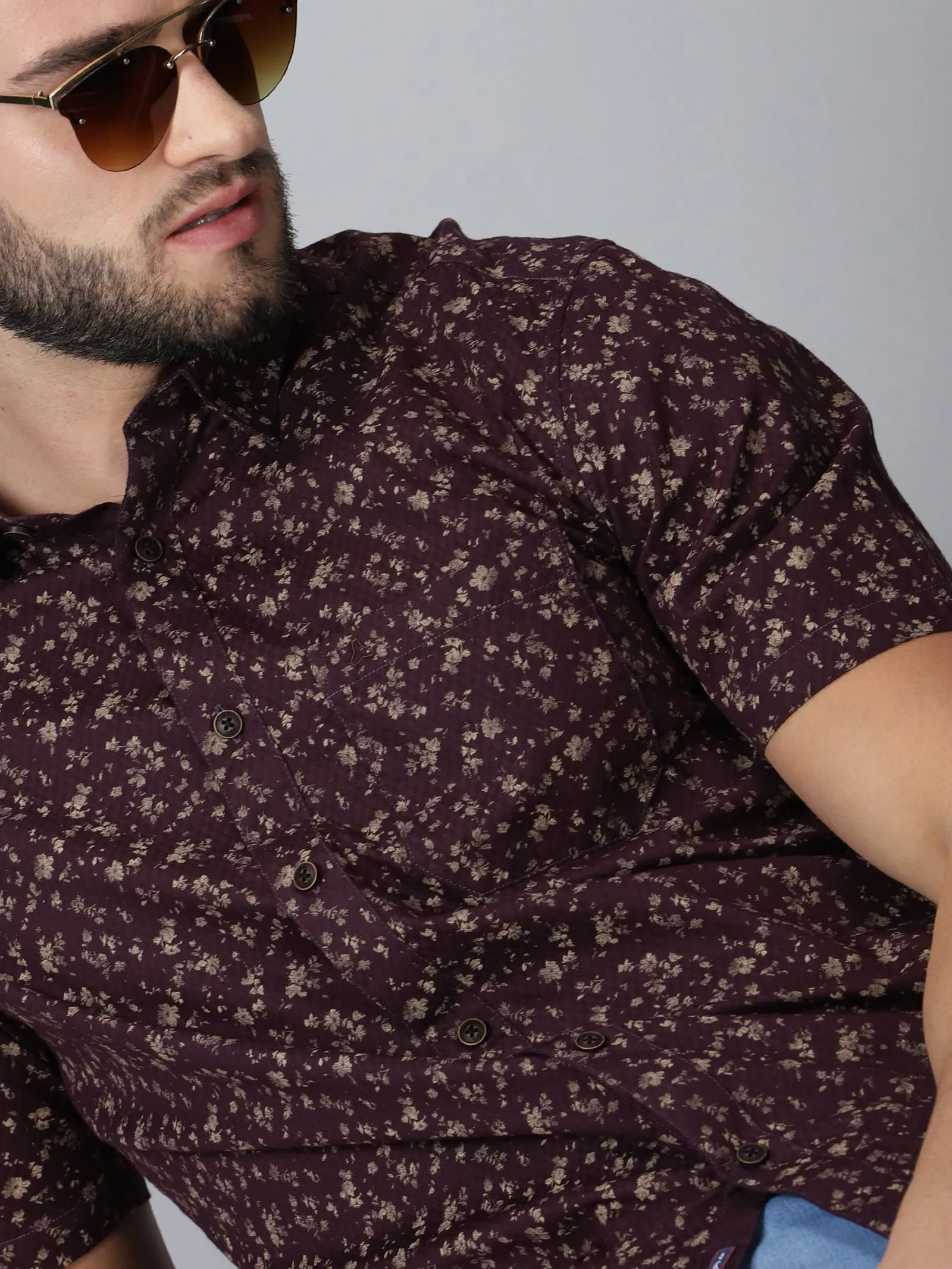 MEN'S DOBBY BROWN PRINT SLIM FIT SHIRT