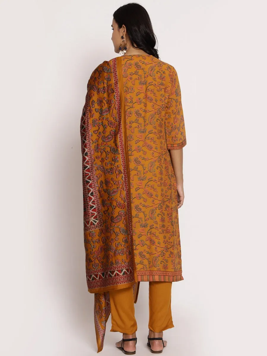 Mustard Floral Printed Kurta Trouser Dupatta