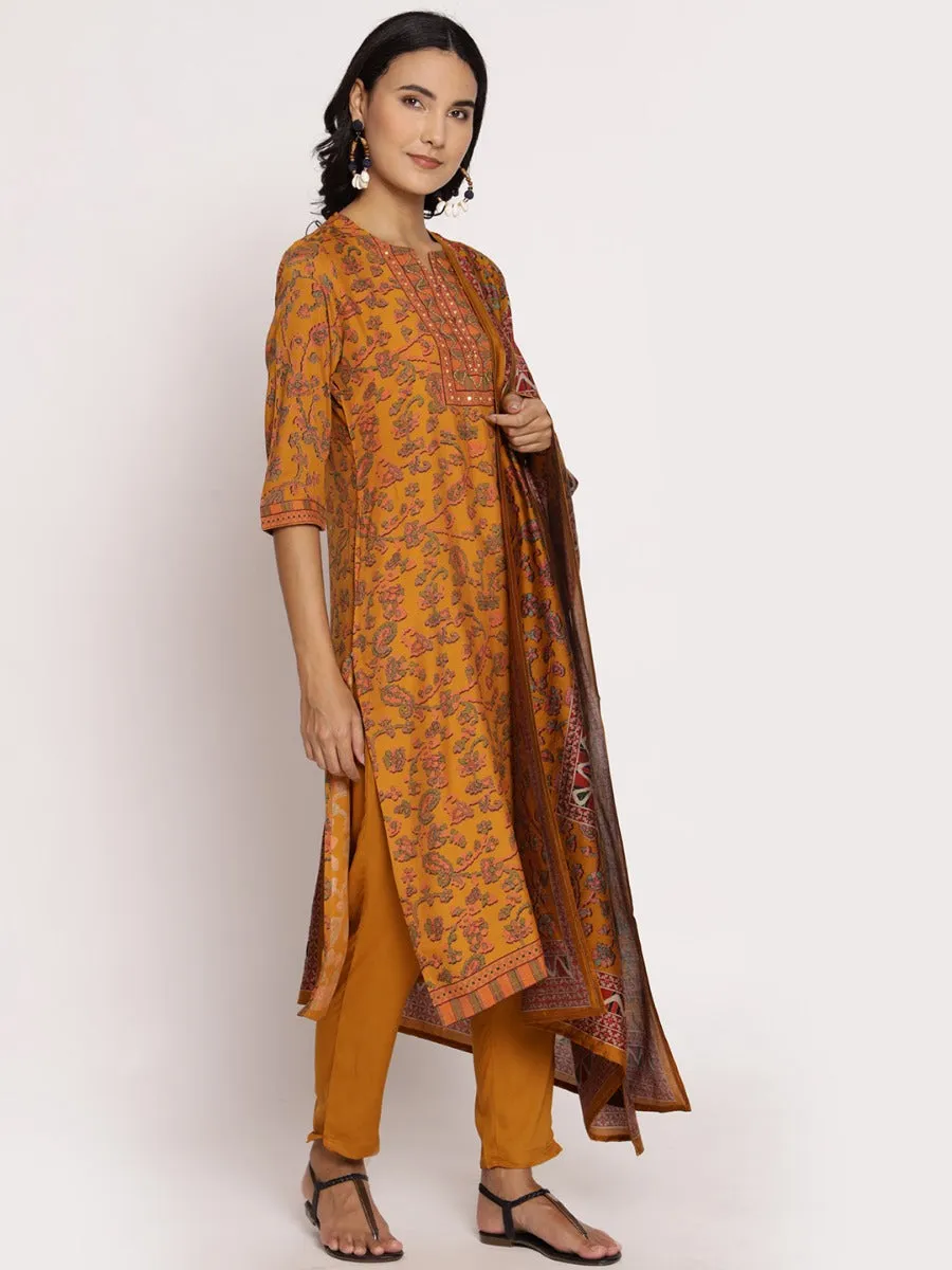 Mustard Floral Printed Kurta Trouser Dupatta