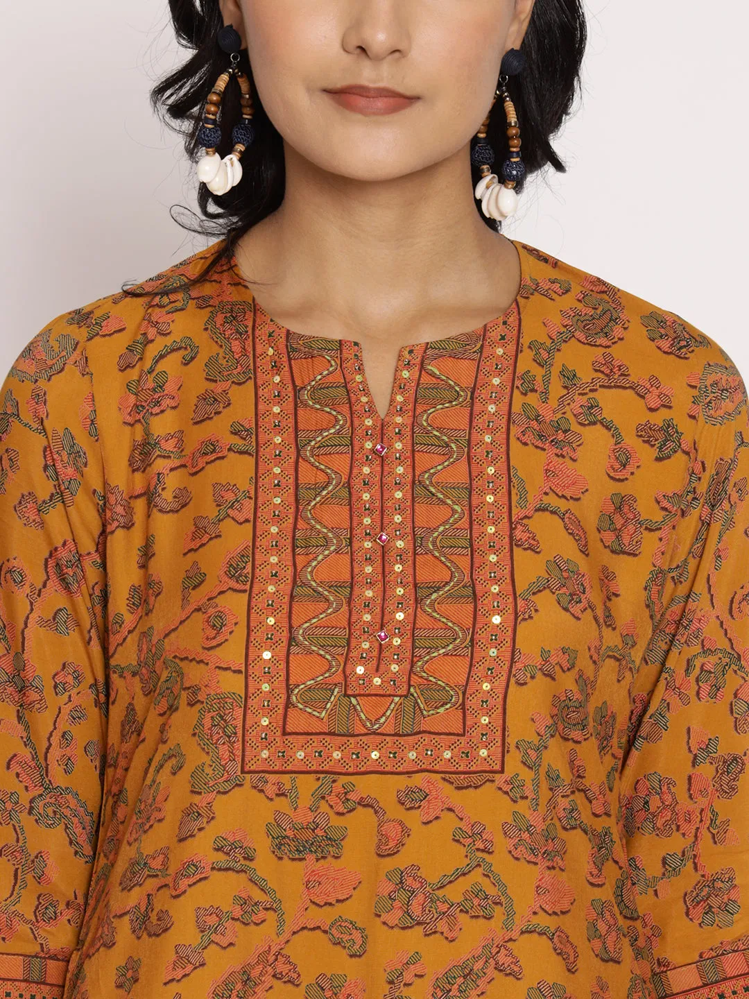 Mustard Floral Printed Kurta Trouser Dupatta