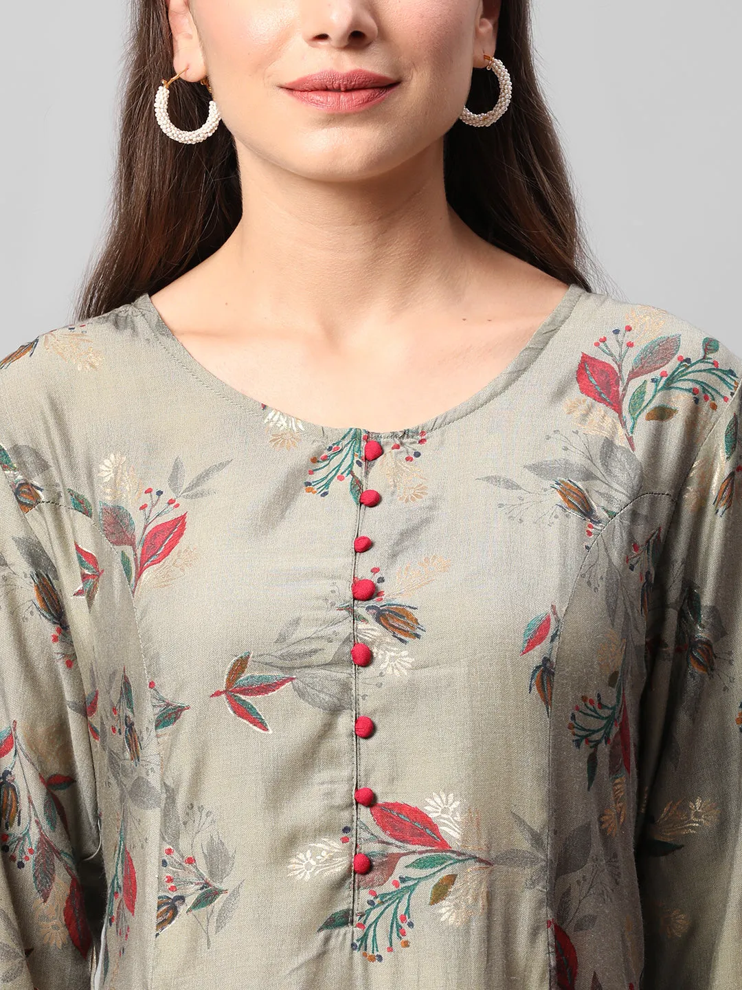 Olive Green Floral Printed Kurta Trouser Dupatta