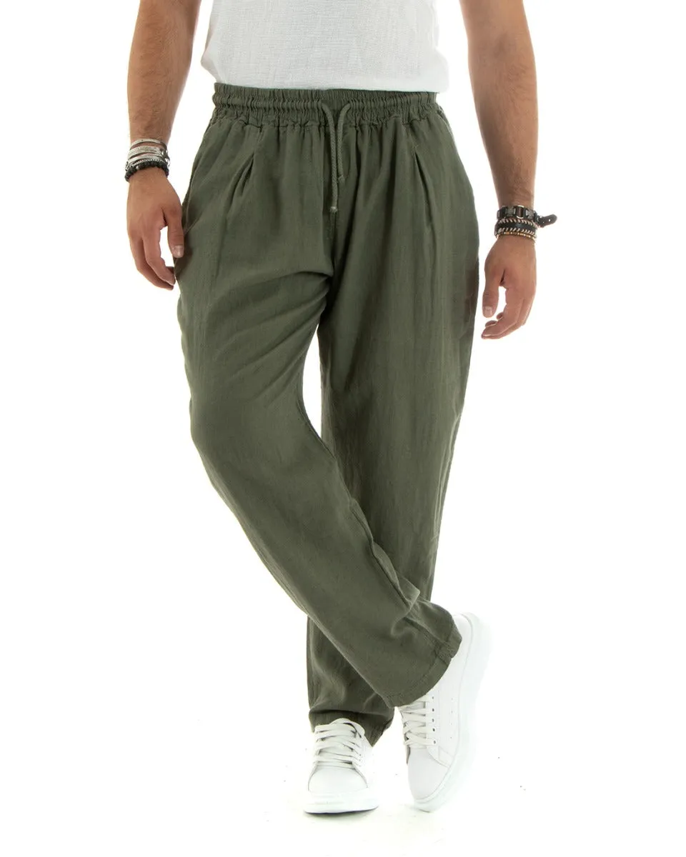 Pantaloni Uomo Lino Pantalaccio Lungo Elastico Wide Leg Tinta Unita Verde Casual GIOSAL-P5825A