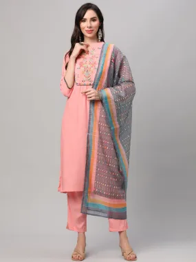 Pink Embroidered Kurta Trouser Dupatta