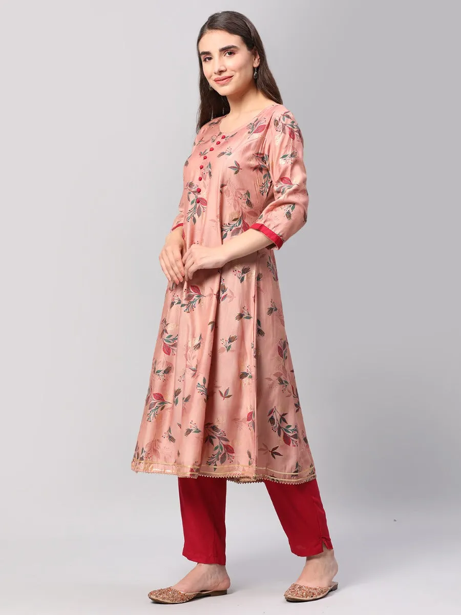 Pink Floral Print Kurta Trouser Dupatta