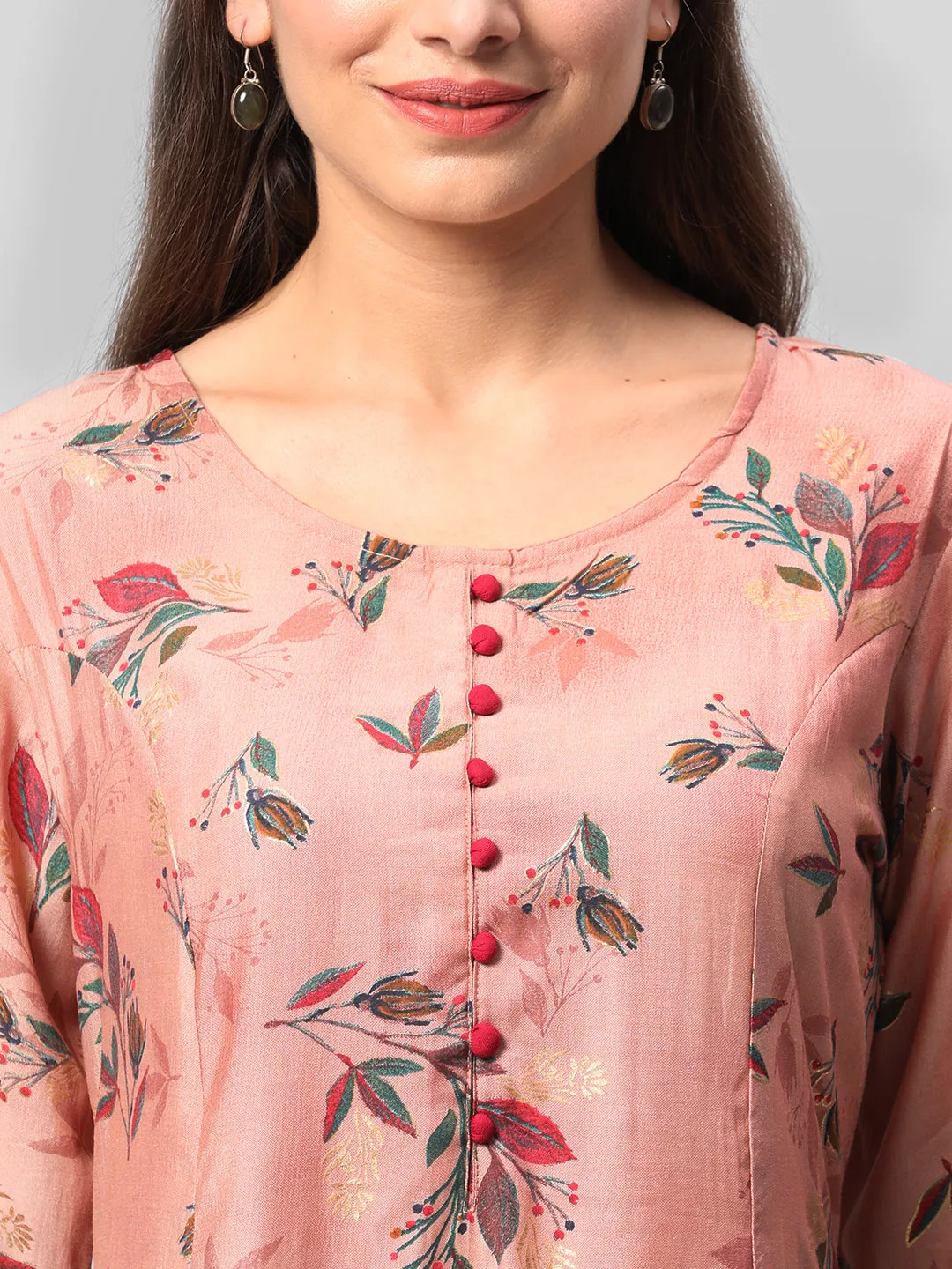 Pink Floral Print Kurta Trouser Dupatta