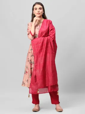 Pink Floral Print Kurta Trouser Dupatta