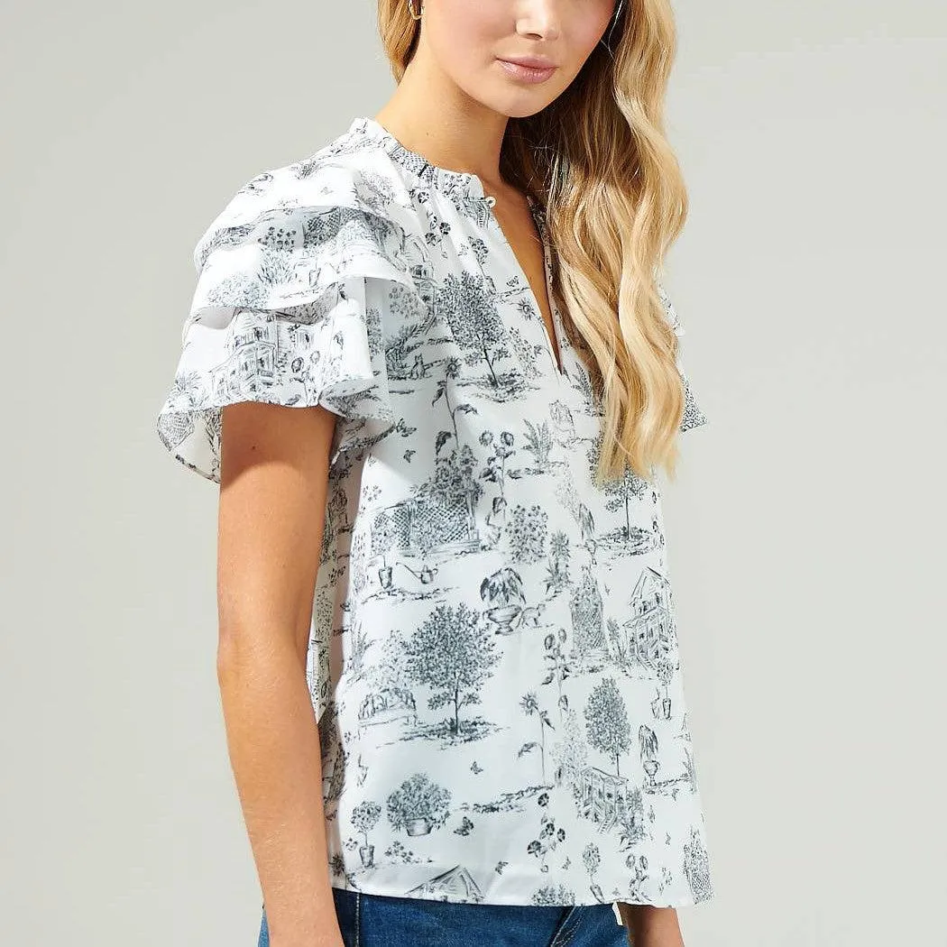 Renzo Toile Ruffle Blouse