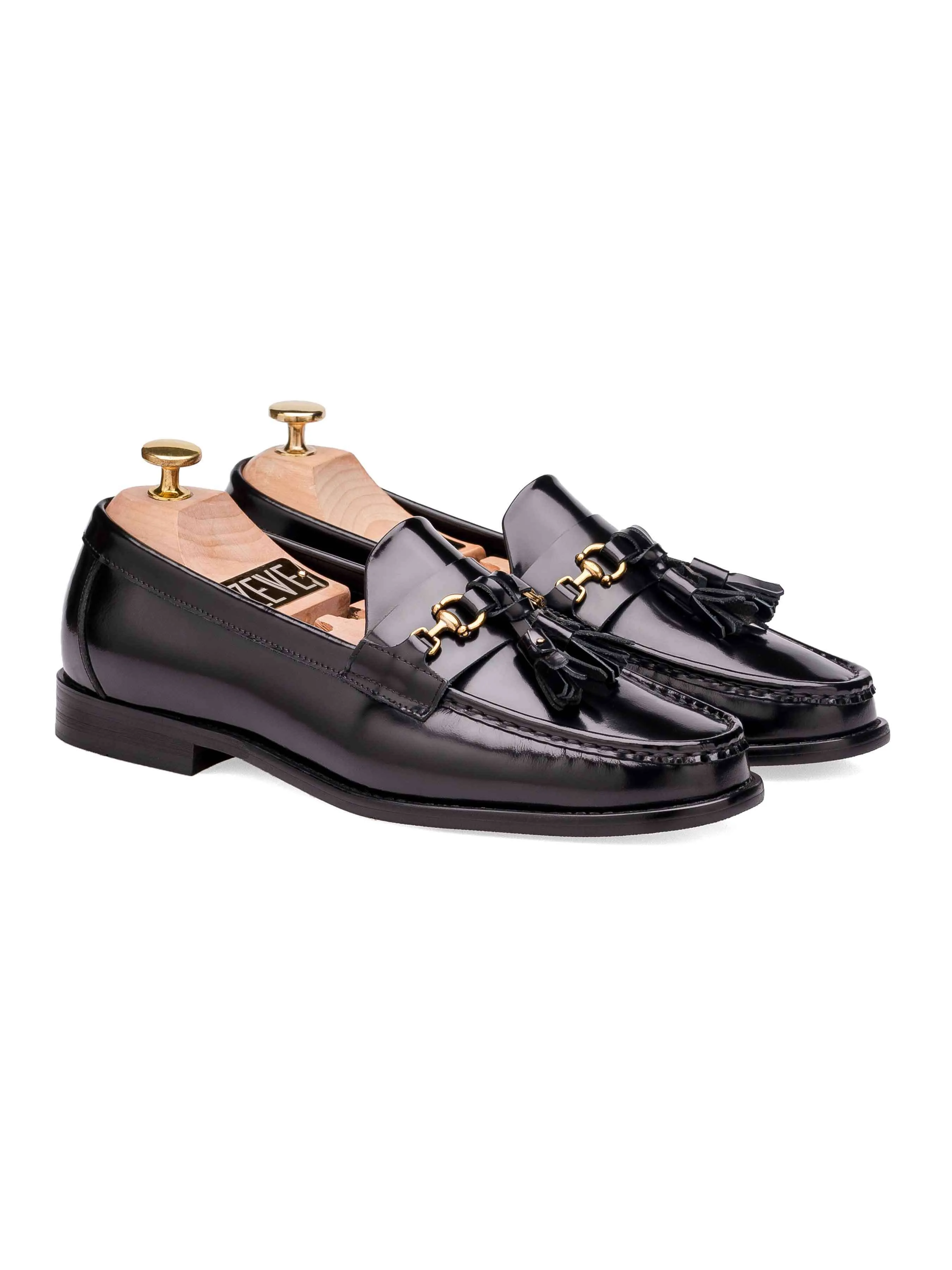 Tassel Moccasin Buckle Loafer  - Black Polished Leather