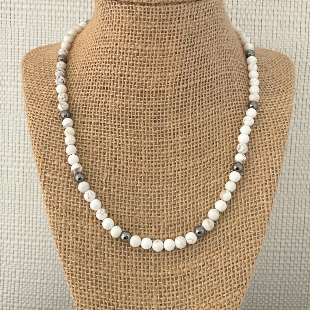 White Magnesite Beaded 6mm Mens Necklace