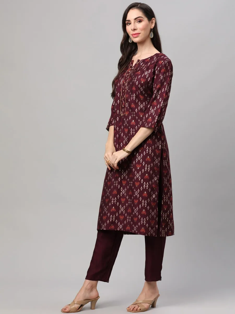 Wine Ornamental Printed Kurta Trouser Dupatta