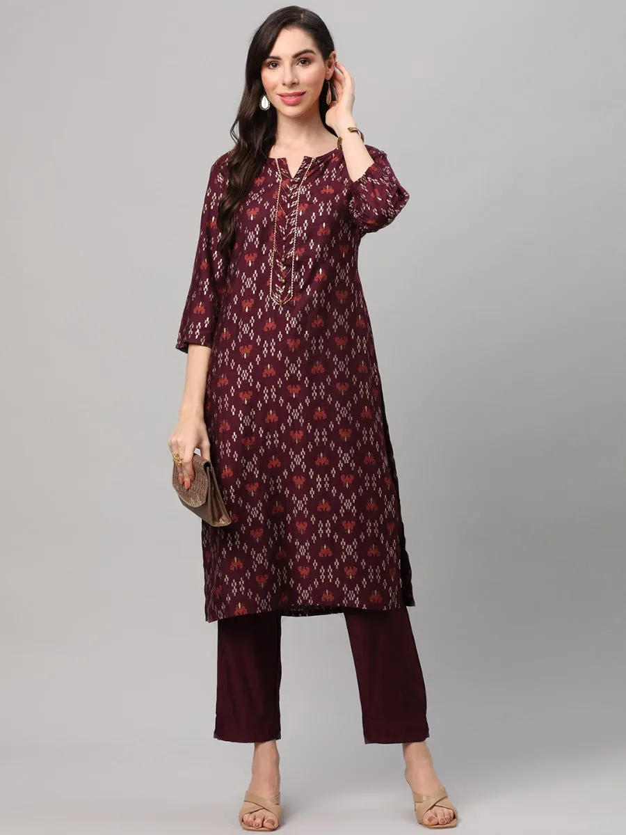 Wine Ornamental Printed Kurta Trouser Dupatta