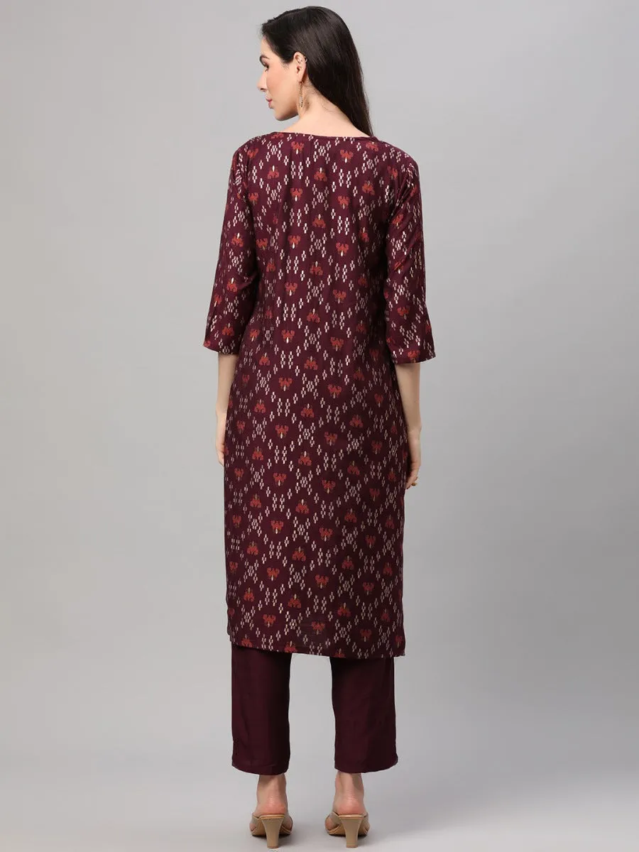 Wine Ornamental Printed Kurta Trouser Dupatta