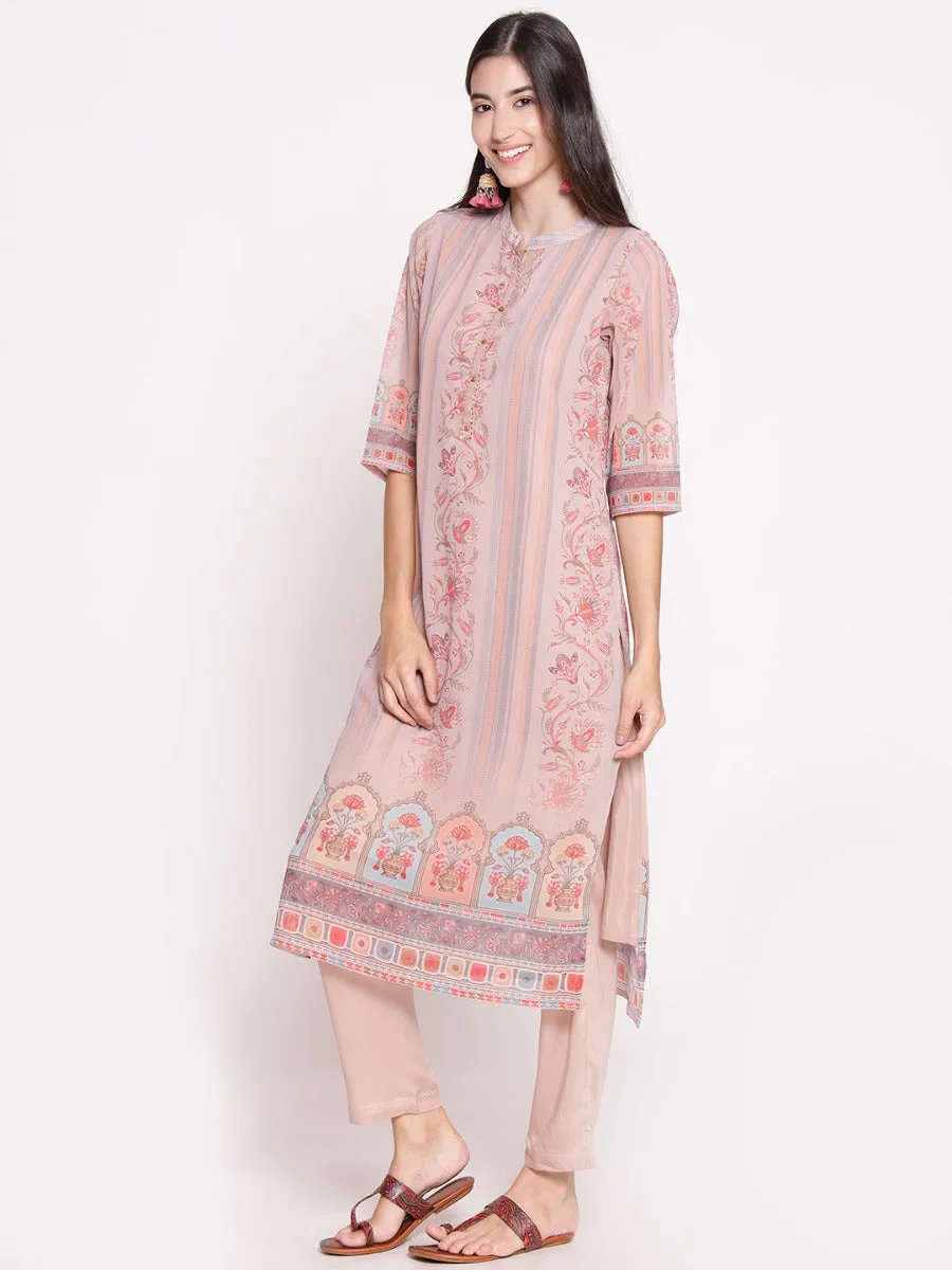 Women Beige Floral Printed Kurta With Trouser