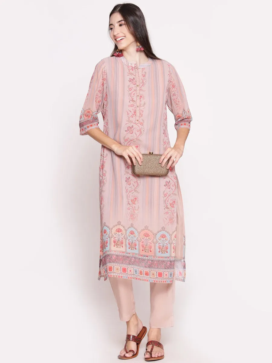 Women Beige Floral Printed Kurta With Trouser