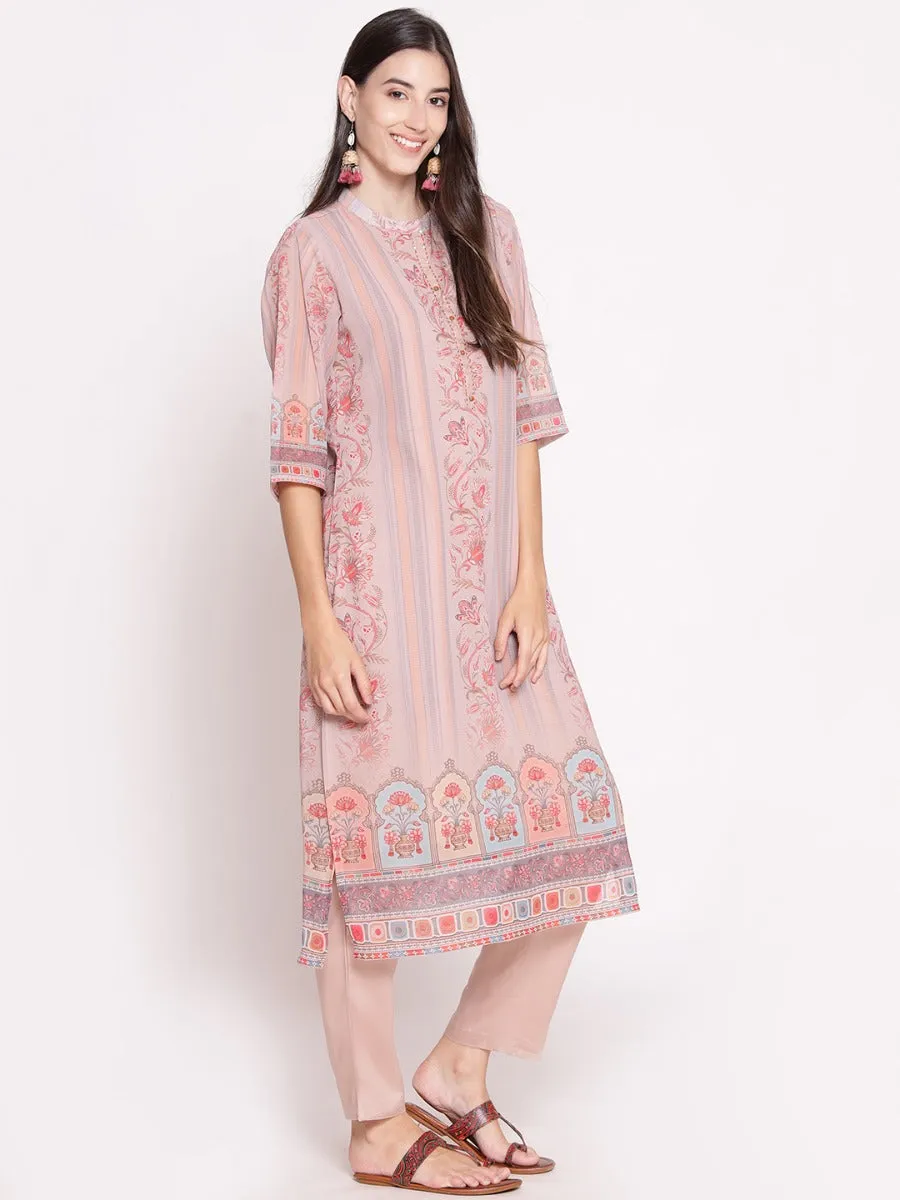 Women Beige Floral Printed Kurta With Trouser