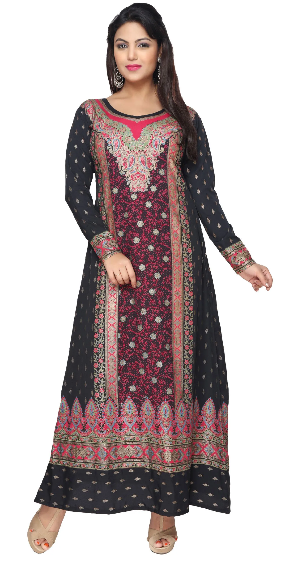 Womens Evening Printed Long Dress Kaftan (Black-Pink)