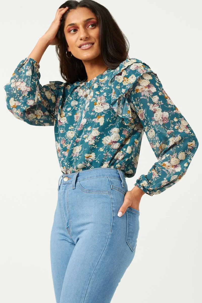 Womens Ruffled Sleeve Floral Long Sleeve